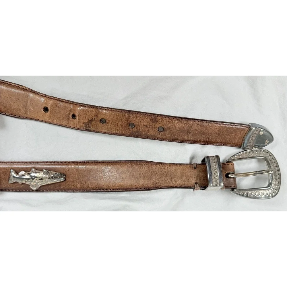 Full Grain Italian Leather Trout Fish Concho Belt Mens 36 Brown Western Fishing